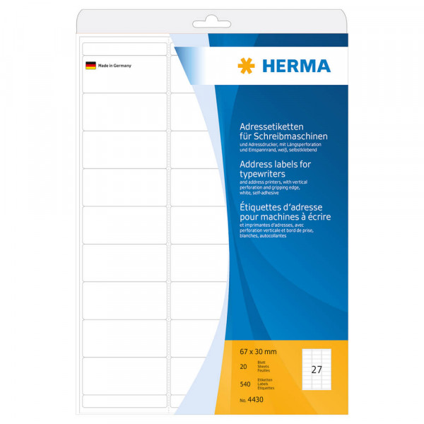 Adressetiketten Herma 4430, für Schreibgeräte, 67x30mm