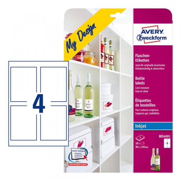 Flaschenetiketten Avery Zweckform My Design MD4001 mit Verpackung