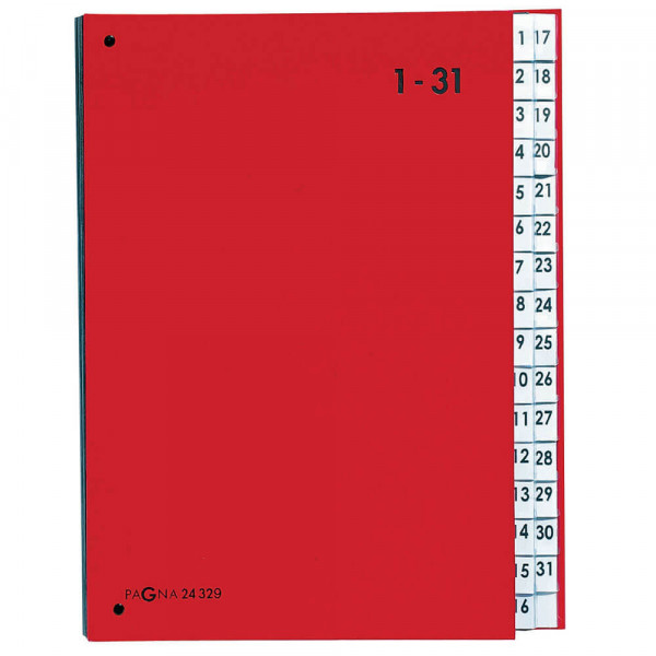 Pultordner Pagna 1-31, farbig, 31 Fächer, Hartpappe rot