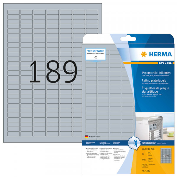 Typenschildetiketten Herma 4220, 25,4x10mm mit Verpackung
