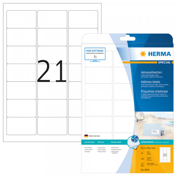 Adressetiketten Herma 8838, InkJet, 63,5x38,1mm mit Verpackung
