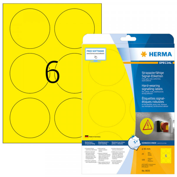 Etiketten Herma 8035, gelb, Ø85mm mit Verpackung