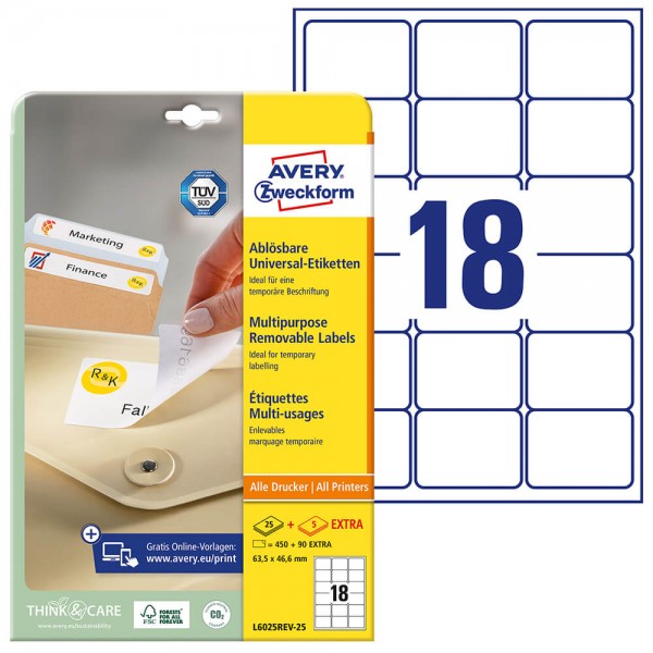Etiketten Zweckform L6025REV-25, ablösbar, 63,5x46,6mm mit Verpackung
