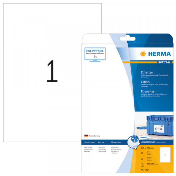 Etiketten Herma 4824, für Inkjetdrucker, 210x297mm Verpackung