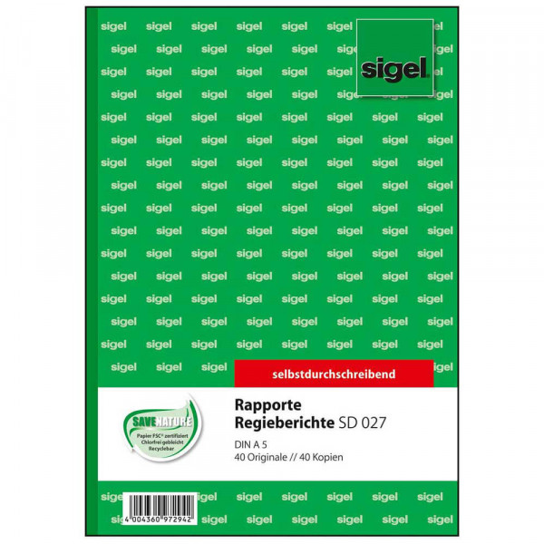 Rapport-Formulare Sigel SD027, DIN A5 hoch, 2x40 Blatt Deckblatt