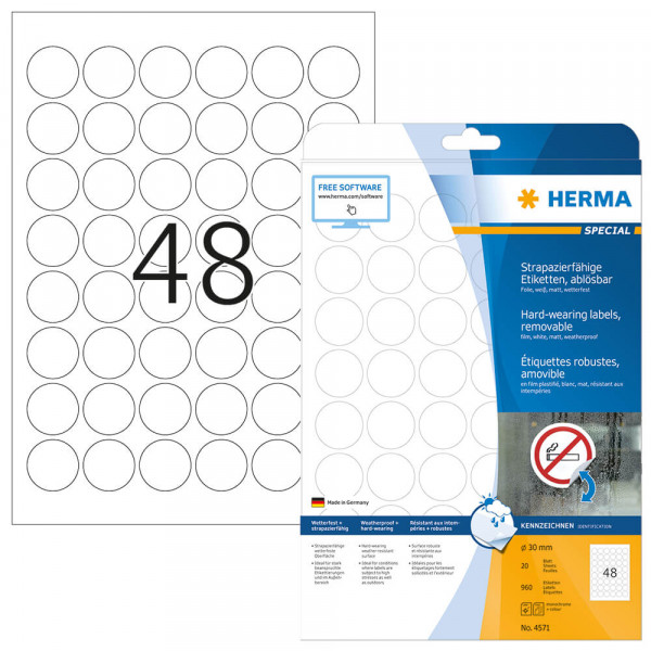 Etiketten Herma 4571, Folie, Ø30mm mit Verpackung
