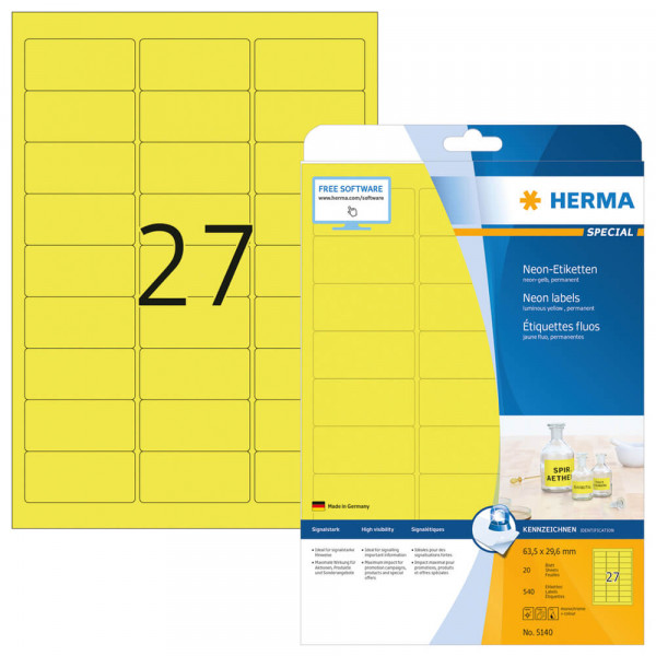 Etiketten Herma 5140, gelb, 63,5x29,6mm mit Verpackung