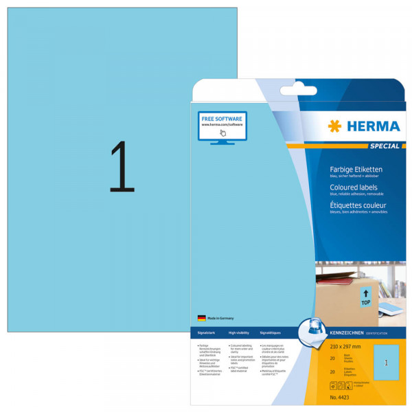 Etiketten Herma 4423, blau, 210x297mm Verpackung