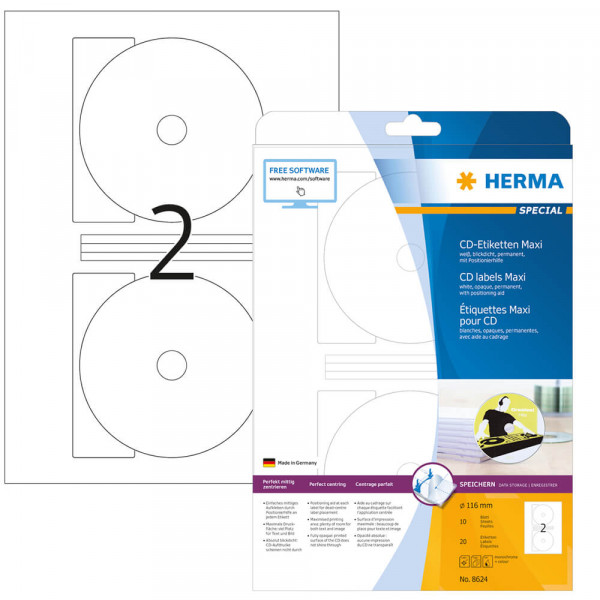 CD-Etiketten Herma 8624, Ø116mm, 10 Blatt mit Verpackung