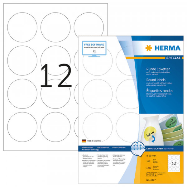 Etiketten Herma 4477 Movable, rund, Ø60mm Verpackung