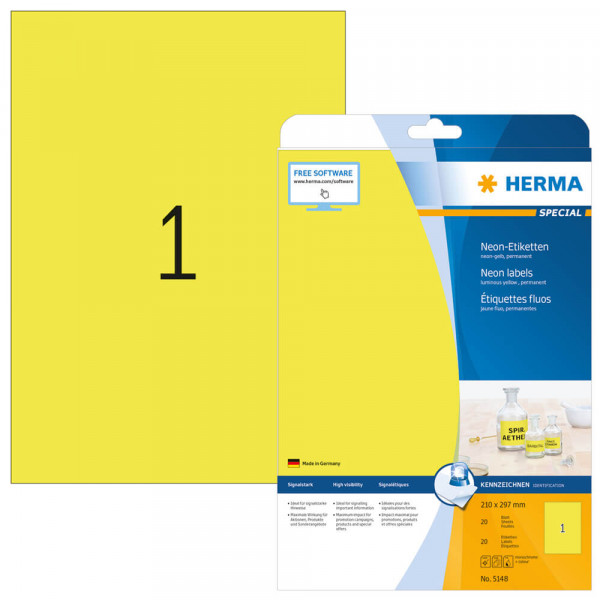 Etiketten Herma 5148, neongelb, 210x297mm mit Verpackung