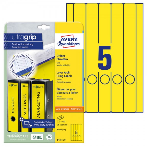 Rückenschilder Zweckform L4751-20, 297x38mm, gelb 5 Stück Verpackung + Bogen