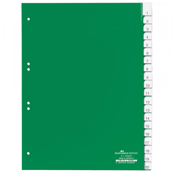 Kunststoffregister Durable, A4, blanko, grün, 20-teilig Deckblatt