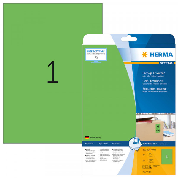 Etiketten Herma 4424, grün, 210x297mm mit Verpackung