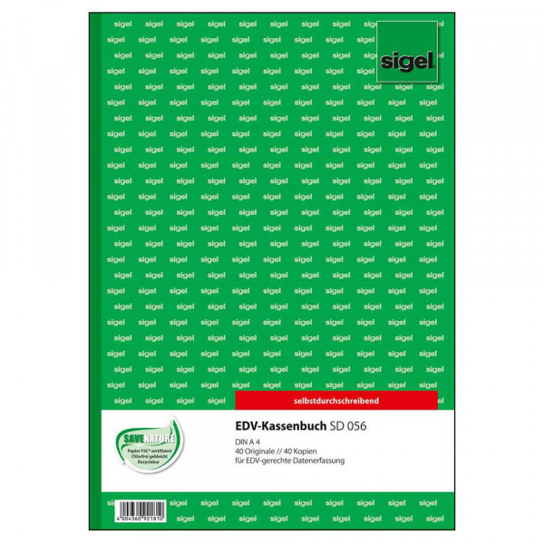 Kassenbuch Sigel SD056, A4, 2x40, EDV-gerecht Deckblatt