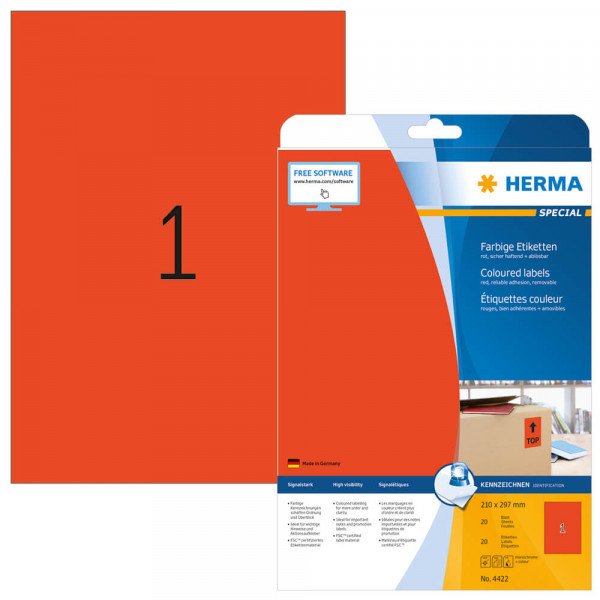 Etiketten Herma 4422, rot, 210x297mm Verpackung