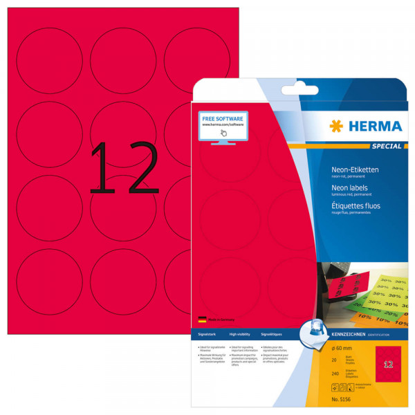 Etiketten Herma 5156, neonrot, Ø60mm mit Verpackung