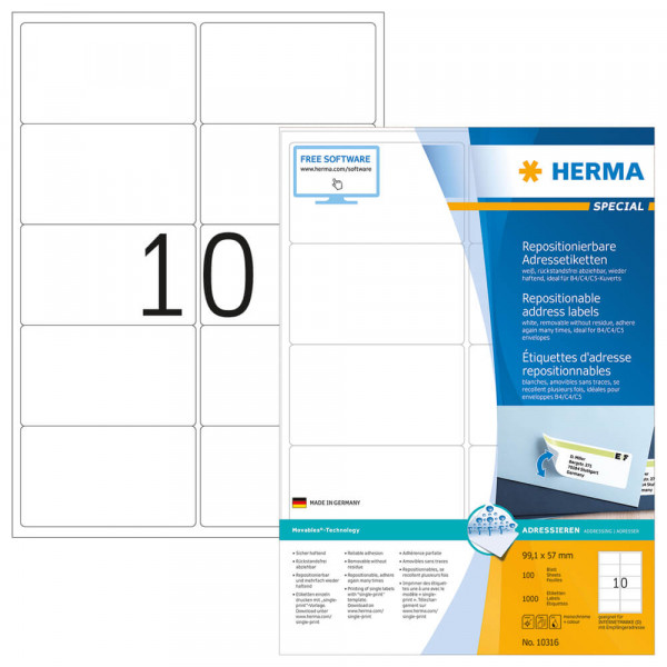 Adressetiketten Herma 10316 Movable, 99,1x57,0mm mit Verpackung