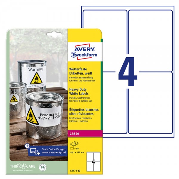 Etiketten Zweckform L4774-20, wetterfest, 99,1x139,0mm, Verpackung + Bogen