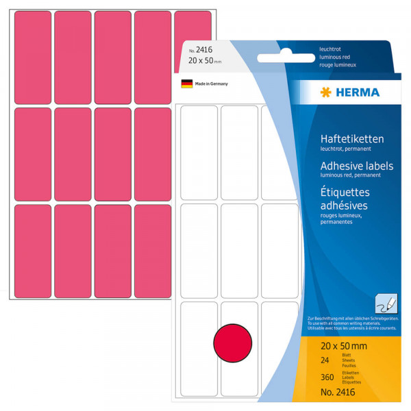 Etiketten Herma 2416, leuchtrot, 20x50mm mit Verpackung