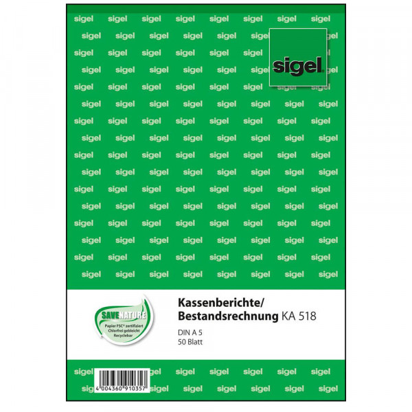 Kassenbericht Sigel KA518, A5 hoch, Bestandsrechnung Deckblatt