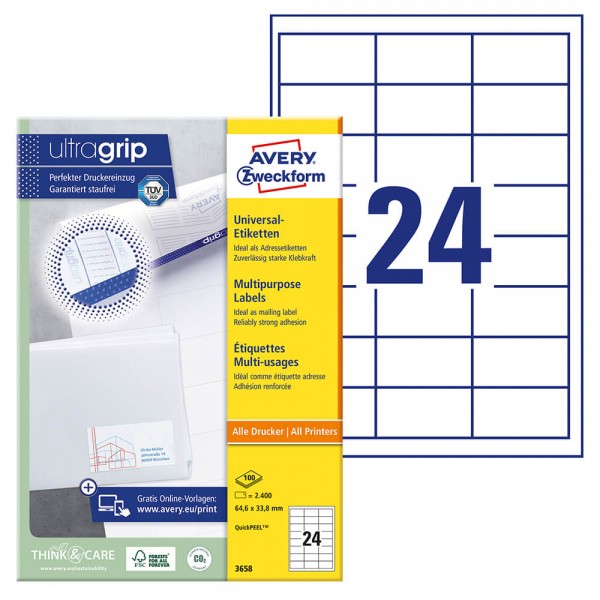 Etiketten Zweckform 3658, stark haftend, 64,6x33,8mm