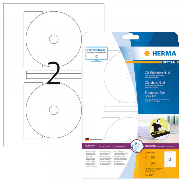 CD-Etiketten Herma 5115, Ø116mm, Maxi mit Verpackung