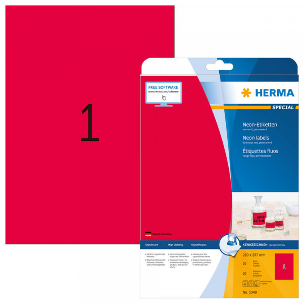 Etiketten Herma 5048, neonrot, 210x297mm mit Verpackung