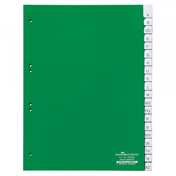 Kunststoffregister Durable 620005, A4, A-Z, grün, 20-teilig