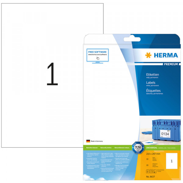 Etiketten Herma 8637, schnell bedruckbar, 210x297mm mit Verpackung