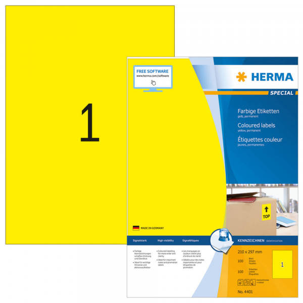 Etiketten Herma 4401, gelb, 210x297mm Verpackung