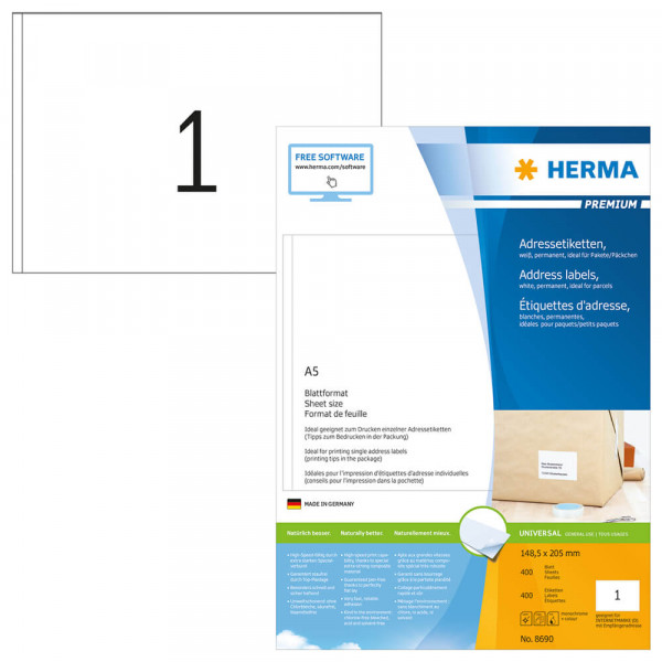 Etiketten Herma 8690, auf A5, 148,5x205mm mit Verpackung