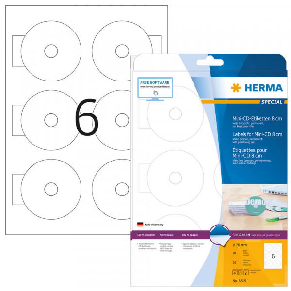 CD-Etiketten Herma 8619, Ø78mm mit Verpackung