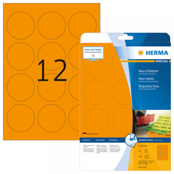 Etiketten Herma 5153, neonorange, Ø60mm mit Verpackung