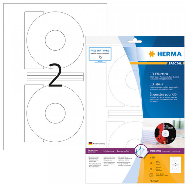 CD-Etiketten Herma 8900, Ø116mm, glossy mit Verpackung