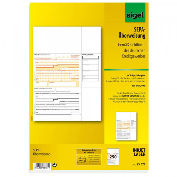 PC-SEPA-Überweisungen Sigel ZV572, 250 Blatt Verpackung