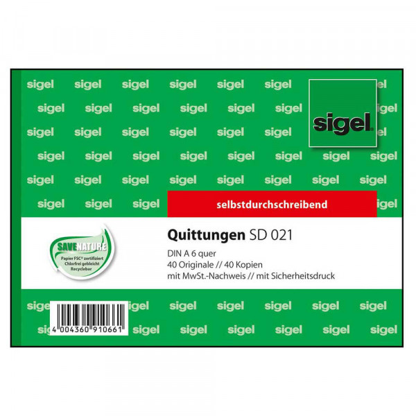 Quittungen Sigel SD021, 2x40, Mehrwertsteuer-Nachweis Deckblatt