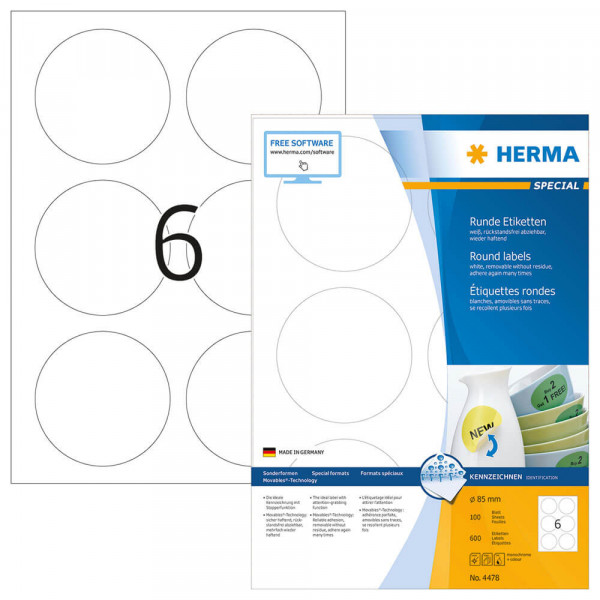 Etiketten Herma 4478 Movable, rund, Ø85mm Verpackung