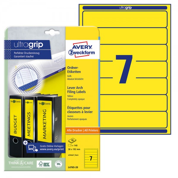 Rückenschilder Zweckform L4765-20, 192x38mm, gelb, Verpackung + Bogen