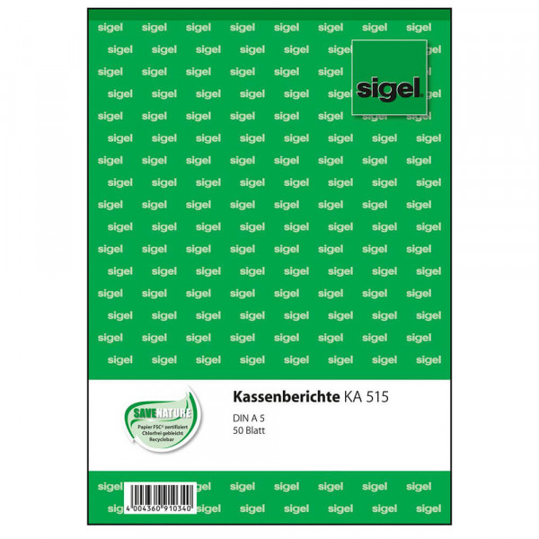 Kassenbericht Sigel KA515, A5 hoch, 50 Blatt Deckblatt