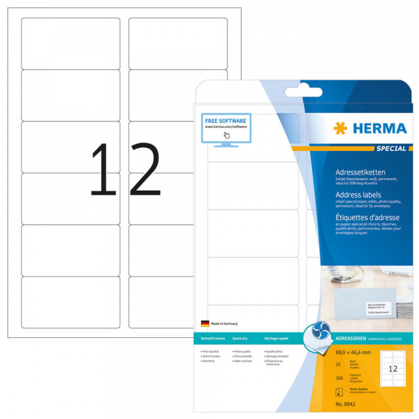 Adressetiketten Herma 8842, InkJet, 88,9x46,6mm mit Verpackung