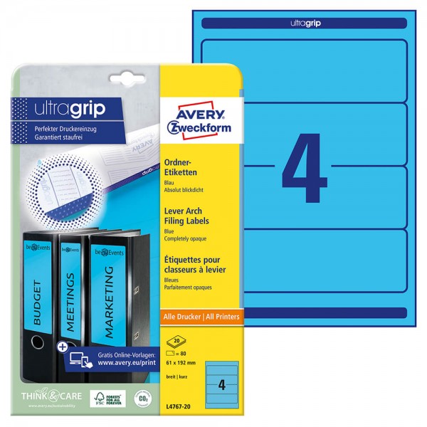Rückenschilder Zweckform L4767-20, blau, Verpackung + Bogen