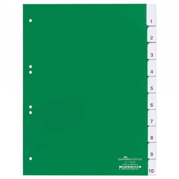 Kunststoffregister Durable, A4, blanko, grün, 10-teilig Deckblatt