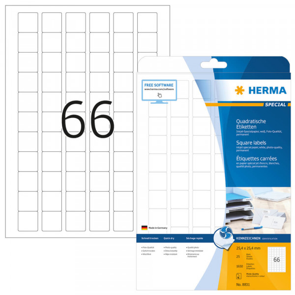 Etiketten Herma 8831, für Inkjetdrucker, 25,4x25,4mm Verpackung