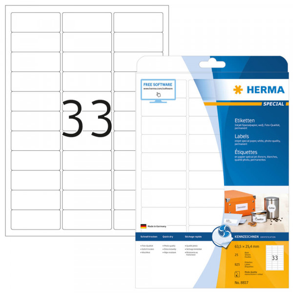 Etiketten Herma 8837, für Inkjetdrucker, 63,5x25,4mm Verpackung
