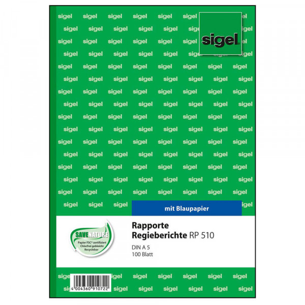 Rapport-Formulare Sigel RP510, DIN A5 hoch, 100 Blatt Deckblatt