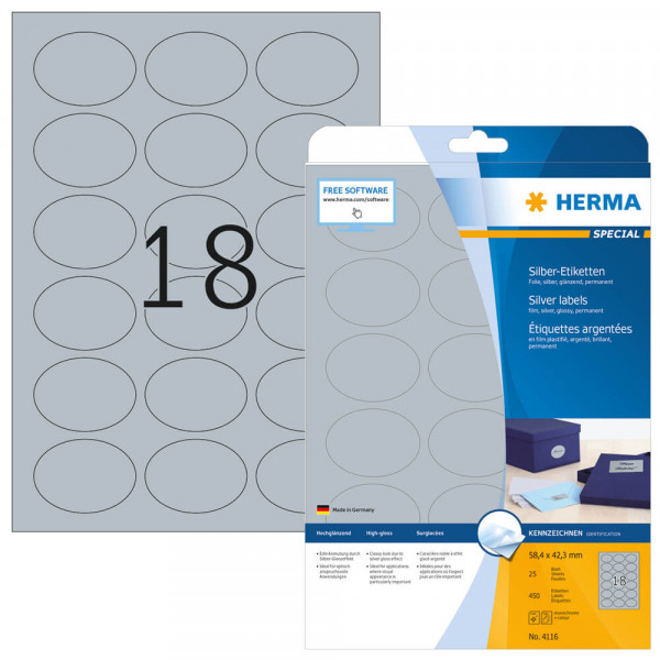 Etiketten Herma 4116, silber, 58,4x42,3mm mit Verpackung