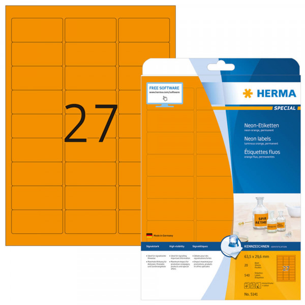 Etiketten Herma 5141, orange, 63,5x29,6mm mit Verpackung