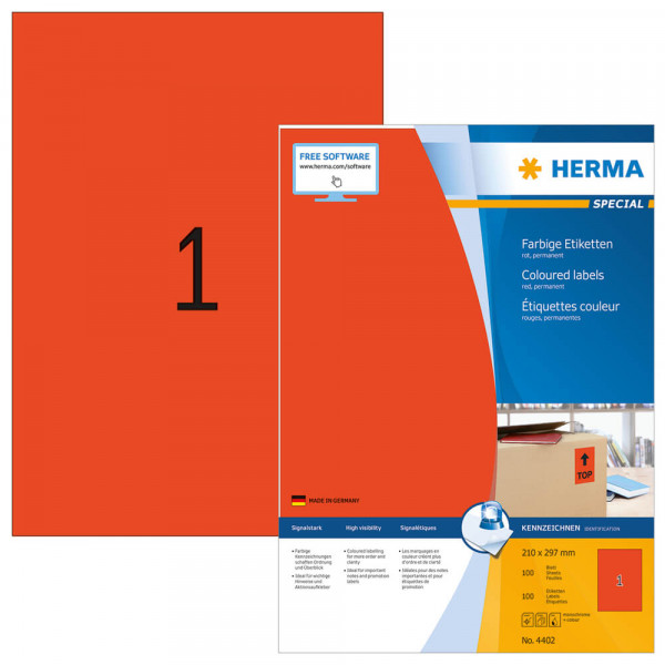 Etiketten Herma 4402, rot, 210x297mm mit Verpackung