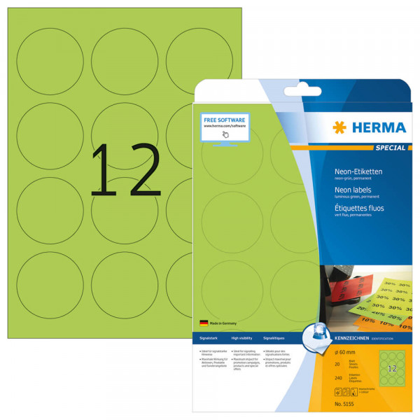 Etiketten Herma 5155, neongrün, Ø60mm mit Verpackung
